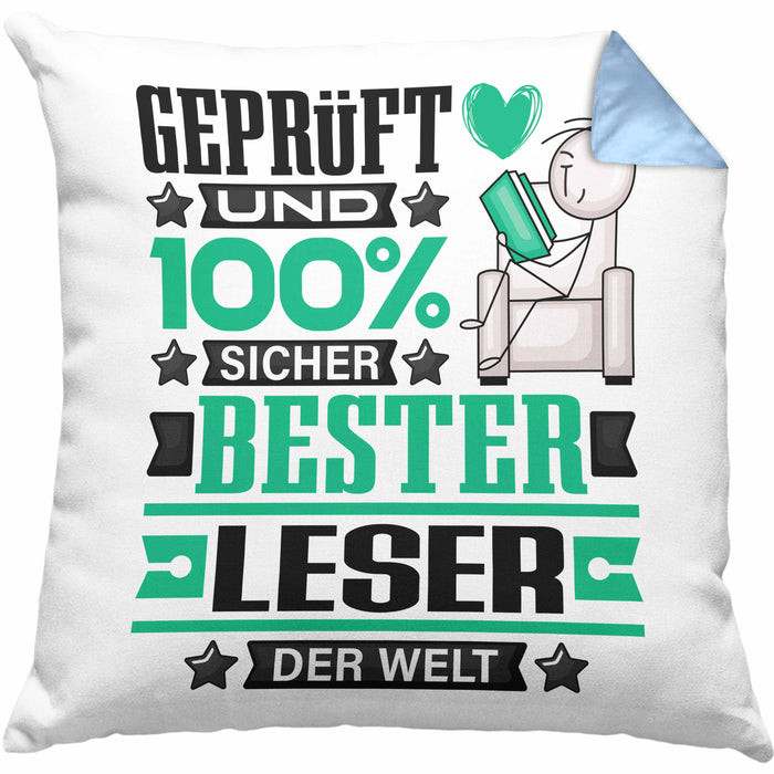 Leser Geschenk Lustiger Spruch für Leser Geschenkidee Bester Leser Der WeltKissen mit Füllung 40x40 (Grau) Blau Trendation