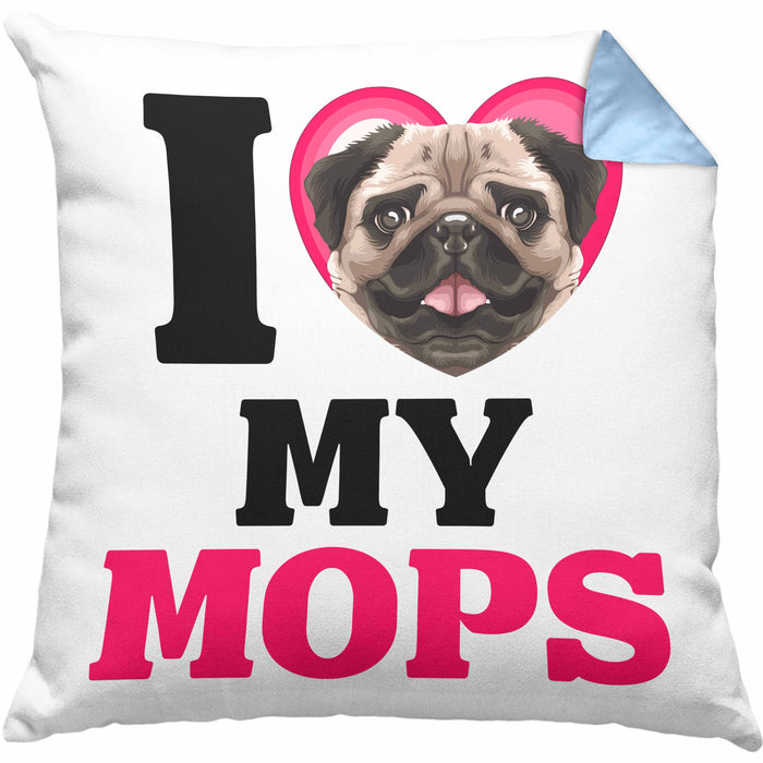 Mops Besitzerin Kissen mit Füllung 40x40 Geschenk Lustiger Spruch Geschenkidee I Love My Mops (Grau) Blau Trendation