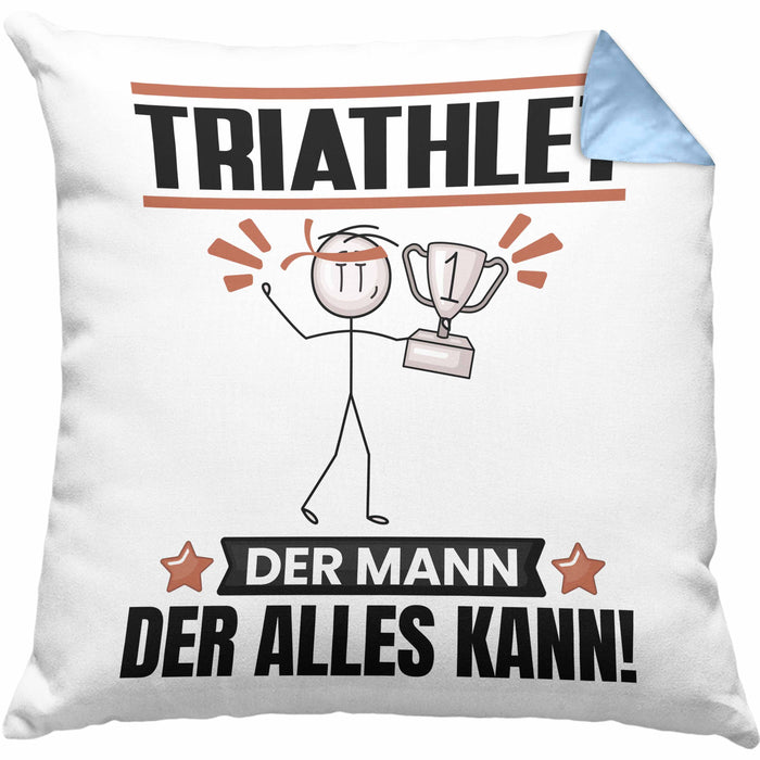 Triathlet Kissen mit Füllung 40x40 Geschenk für Triathlet Der Mann Der Alles Kann Geschenkidee zum Geburtstag (Grau) Blau Trendation
