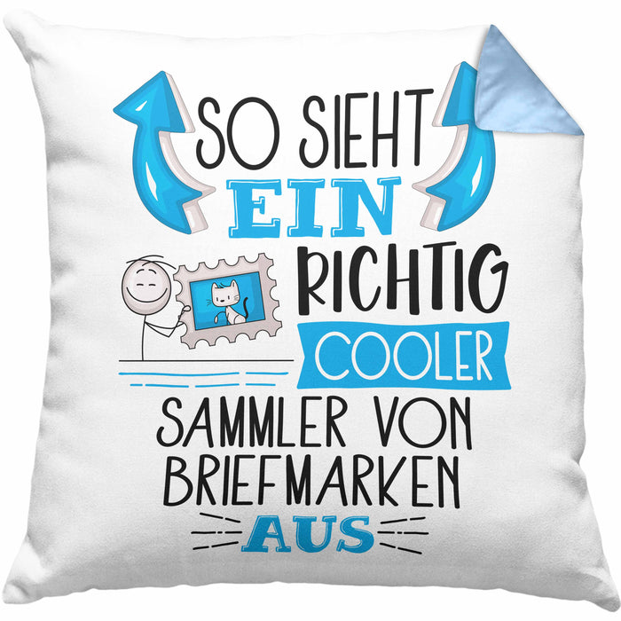 Sammler von Briefmarken Kissen mit Füllung 40x40 So Sieht Ein Richtig Cooler Sammler von Briefmarken Aus Geschenk Lustiger Spruch Geschenkidee (Grau) Blau Trendation