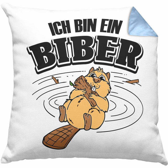 Bieber Kissen mit Füllung 40x40 Biebermotiv Geschenk Tierwohlhaber (Grau) Blau Trendation