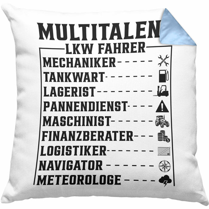LKW Fahrer Kissen mit Füllung 40x40 Geschenk Multitalent Lustiger Spruch Lastkraftwagenfahrer (Grau) Blau Trendation
