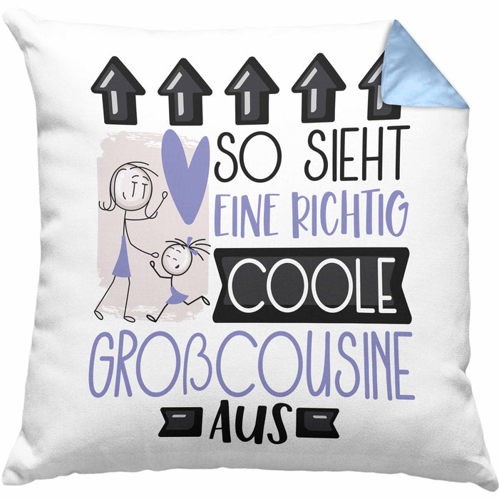 Großcousine Geschenk Kissen mit Füllung 40x40 Geschenkidee für Großcousine Geburtstag Weihnachten Spruch So Sieht Eine Richtig Coole Großcousine Aus (Grau) Blau Trendation