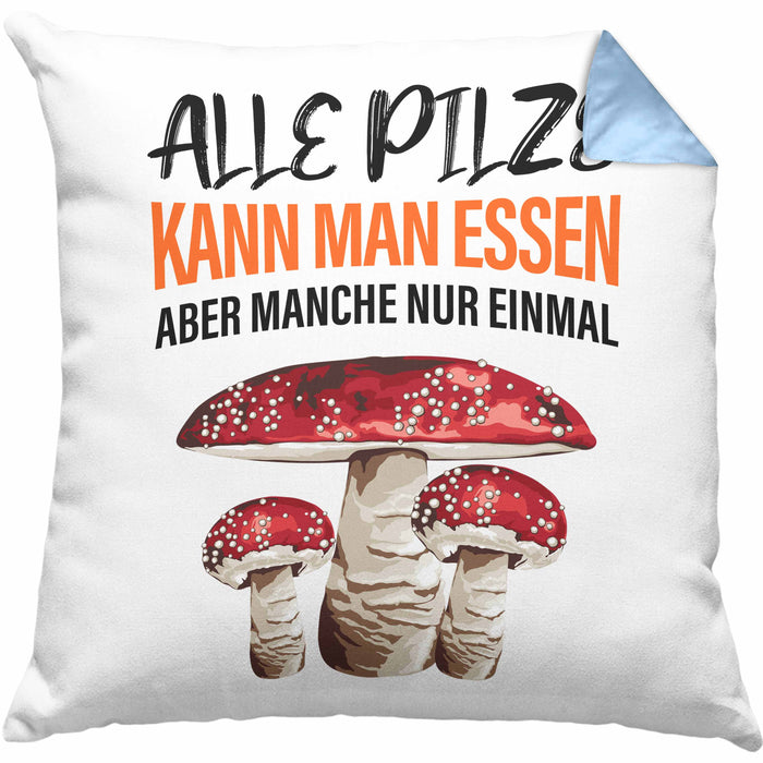Pilzsammler Geschenk Kissen mit Füllung 40x40 Pilze Sammeln Geschenkidee Pilzsucher Pilzliebhaber (Grau) Blau Trendation