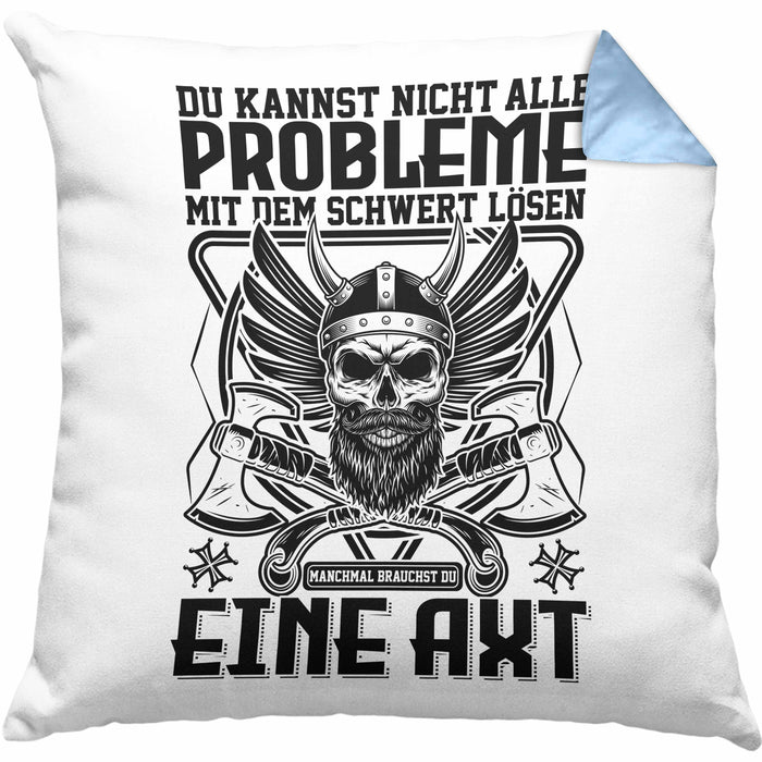 Wikinger Kissen mit Füllung 40x40 Geschenk Nicht alle Probleme Schwert Lösen Axt Mittelalter Kaffee-Kissen mit Füllung 40x40 (Grau) Blau Trendation