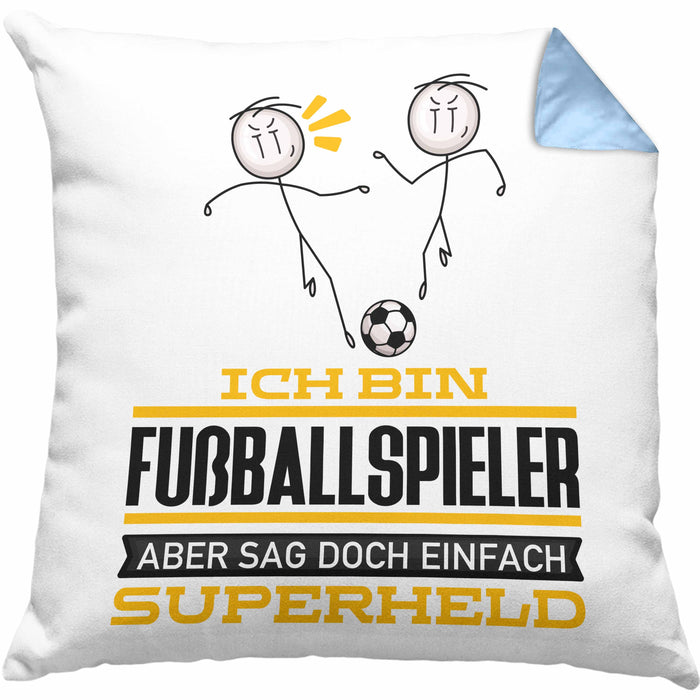Fußballspieler Geschenk Kissen mit Füllung 40x40 Ich Bin Fußballspieler Aber Sag Doch Einfach Superheld Lustige Geschenkdiee für Fußballspieler (Grau) Blau Trendation