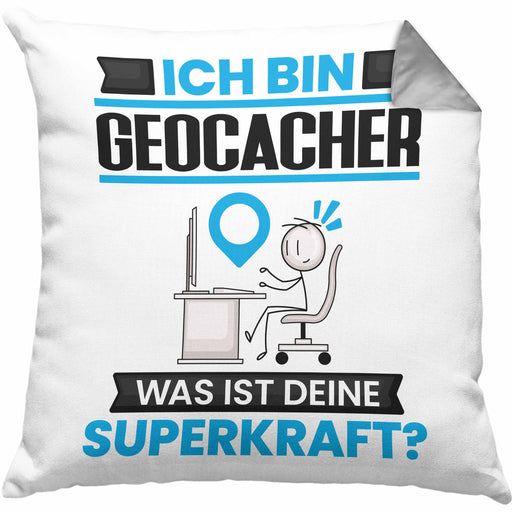 Geocacher Kissen mit Füllung 40x40 Geschenk für Geocacher Geburtstag Lustiger Spruch Was Ist Deine Superkraft (Grau) Grau Trendation
