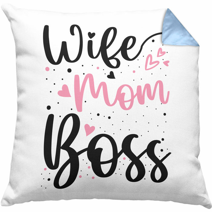 Wife Mom Boss Kissen mit Füllung 40x40 Geschenk Mutter Mama zum Muttertag Muttertagsgeschenk (Grau) Blau Trendation