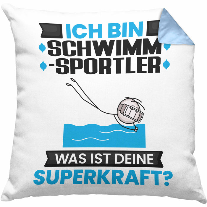 Schwimmsportler Kissen mit Füllung 40x40 Geschenk für Schwimmsportler Geburtstag Lustiger Spruch Was Ist Deine Superkraft (Grau) Blau Trendation