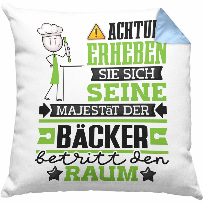 Bäcker Geschenk Kissen mit Füllung 40x40 Lustiger Spruch Erheben Sie Sich Der Bäcker Betritt den Raum (Grau) Blau Trendation