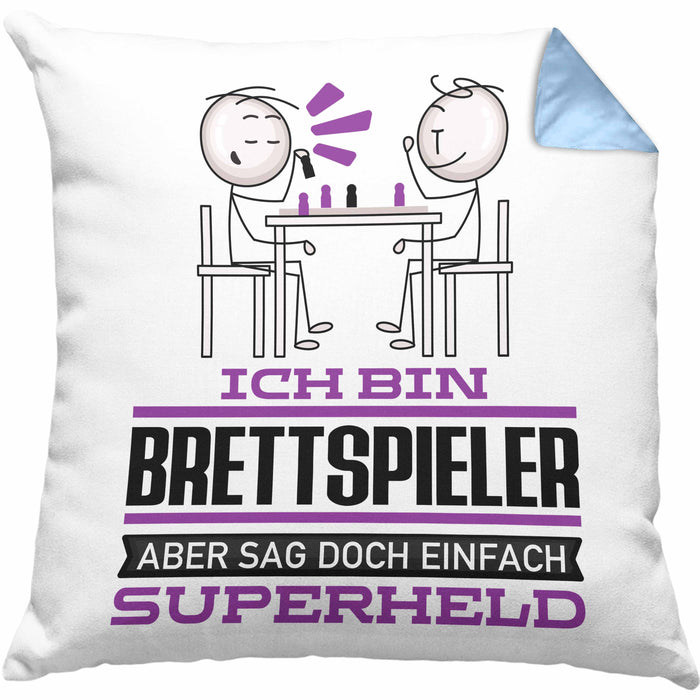 Brettspieler Geschenk Kissen mit Füllung 40x40 Ich Bin Brettspieler Aber Sag Doch Einfach Superheld Lustige Geschenkdiee für Brettspieler (Grau) Blau Trendation
