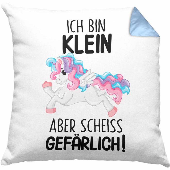 Lustige Ich Bin Klein Aber Gefährlich Kissen mit Füllung 40x40 Mit Spruch Einhorn Geschenk Mama Freundin Kollegin Geschenkidee Arbeit Frauen (Grau) Blau Trendation