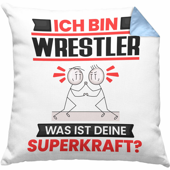 Wrestler Kissen mit Füllung 40x40 Geschenk für Wrestler Geburtstag Lustiger Spruch Was Ist Deine Superkraft (Grau) Blau Trendation