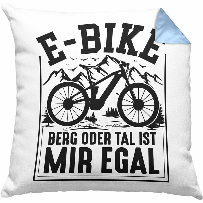 E-Bike Fahrer Geschenk Kissen mit Füllung 40x40 Elektro-Fahrrad Berg Oder Tal Ist Mir Egal Geschenkidee (Grau) Blau Trendation
