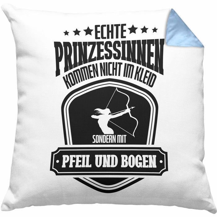Lustige Bogenschützin Kissen mit Füllung 40x40 mit Spruch Geschenk Frauen Bogenschießen Pfeil und Bogen Motiv (Grau) Blau Trendation