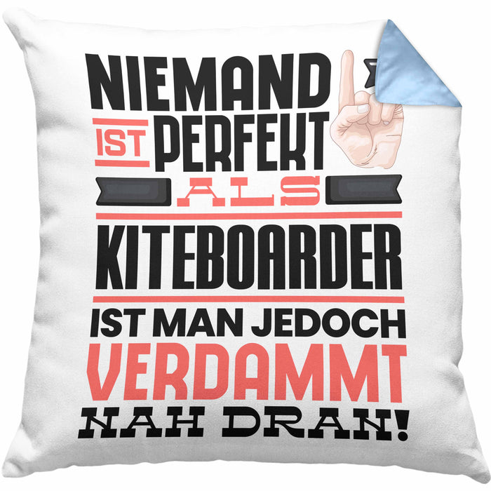 Kiteboarder Geschenk Kissen mit Füllung 40x40 Lustige Geschenkidee für Kiteboarder Geburtstag Niemand Ist Perfekt Aber Als Kiteboarder Ist Man Nah Dran (Grau) Blau Trendation