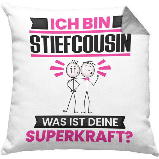 Stiefcousin Kissen mit Füllung 40x40 Geschenk für Stiefcousin Geburtstag Lustiger Spruch Was Ist Deine Superkraft (Grau) Grau Trendation