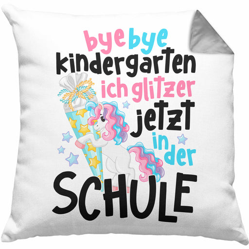 Bye Bye Kindergarten Einschulung Mädchen Geschenk Kissen mit Füllung 40x40 Schulstart 1. Schultag Schuleinführung Schulanfang Geschenkidee 2024 Schulkind Ich Glitzer Jetzt In Der Schule (Grau) Grau Trendation