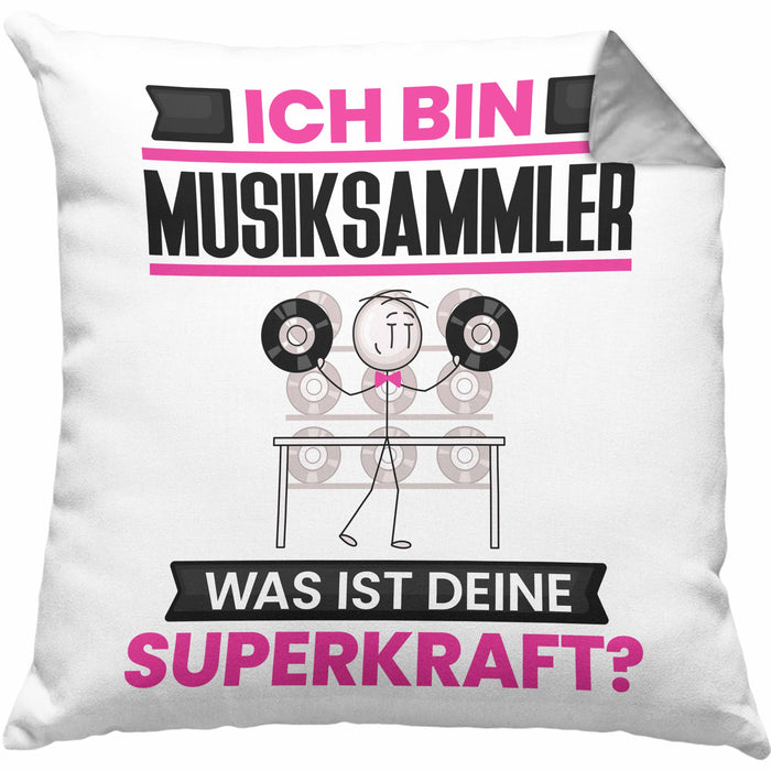 Musiksammler Kissen mit Füllung 40x40 Geschenk für Musiksammler Geburtstag Lustiger Spruch Was Ist Deine Superkraft (Grau) Grau Trendation