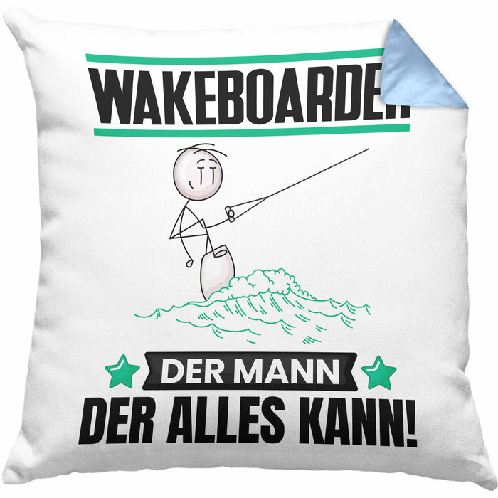 Wakeboarder Kissen mit Füllung 40x40 Geschenk für Wakeboarder Der Mann Der Alles Kann Geschenkidee zum Geburtstag (Grau) Blau Trendation