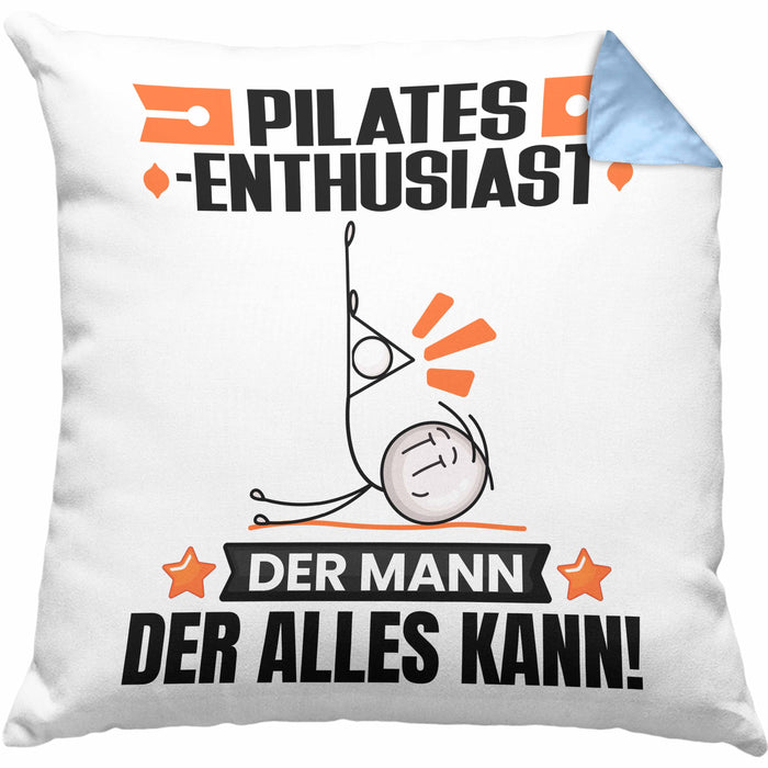 Pilates-Enthusiast Kissen mit Füllung 40x40 Geschenk für Pilates-Enthusiast Der Mann Der Alles Kann Geschenkidee zum Geburtstag (Grau) Blau Trendation