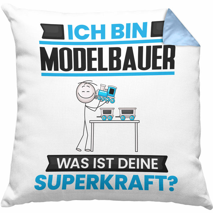 Modelbauer Kissen mit Füllung 40x40 Geschenk für Modelbauer Geburtstag Lustiger Spruch Was Ist Deine Superkraft (Grau) Blau Trendation