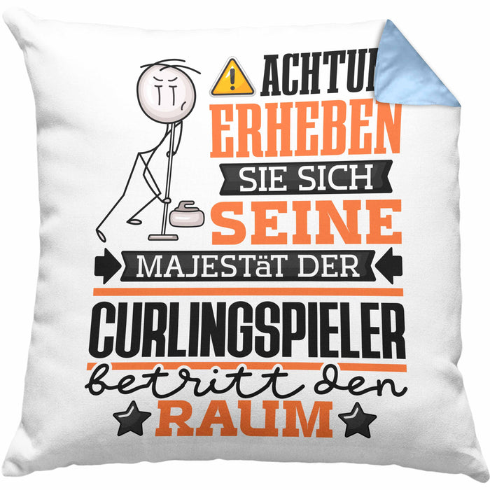 Curlingspieler Geschenk Kissen mit Füllung 40x40 Lustiger Spruch Erheben Sie Sich Der Curlingspieler Betritt den Raum (Grau) Blau Trendation