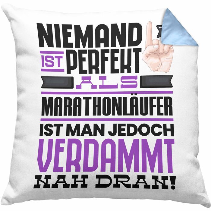 Marathonläufer Geschenk Kissen mit Füllung 40x40 Lustige Geschenkidee für Marathonläufer Geburtstag Niemand Ist Perfekt Aber Als Marathonläufer Ist Man Nah Dran (Grau) Blau Trendation