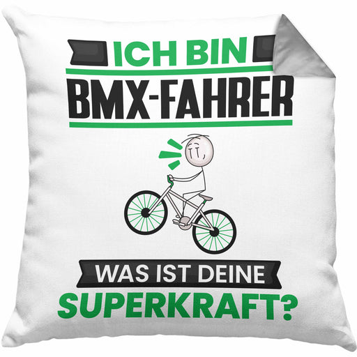 BMX-Fahrer Kissen mit Füllung 40x40 Geschenk für BMX-Fahrer Geburtstag Lustiger Spruch Was Ist Deine Superkraft (Grau) Grau Trendation