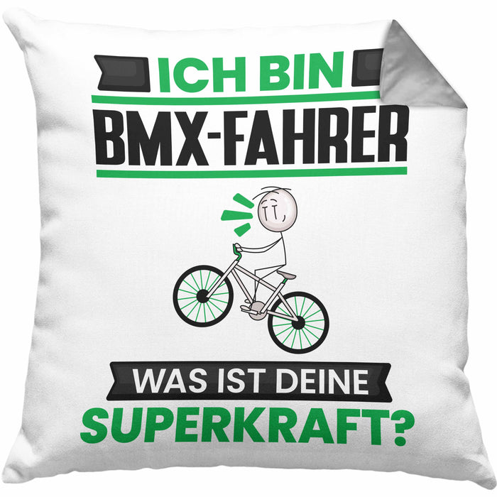 BMX-Fahrer Kissen mit Füllung 40x40 Geschenk für BMX-Fahrer Geburtstag Lustiger Spruch Was Ist Deine Superkraft (Grau) Grau Trendation