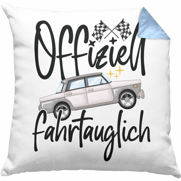 Führerschein Bestanden Geschenk Kissen mit Füllung 40x40 Bestandener Führerschein Offiziel Fahrtauglich Fahrschule (Grau) Blau Trendation