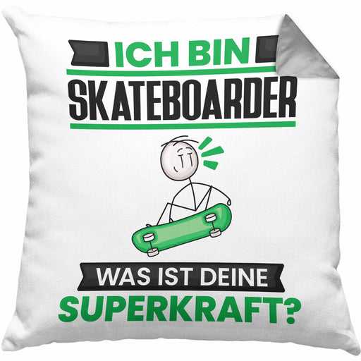 Skateboarder Kissen mit Füllung 40x40 Geschenk für Skateboarder Geburtstag Lustiger Spruch Was Ist Deine Superkraft (Grau) Grau Trendation