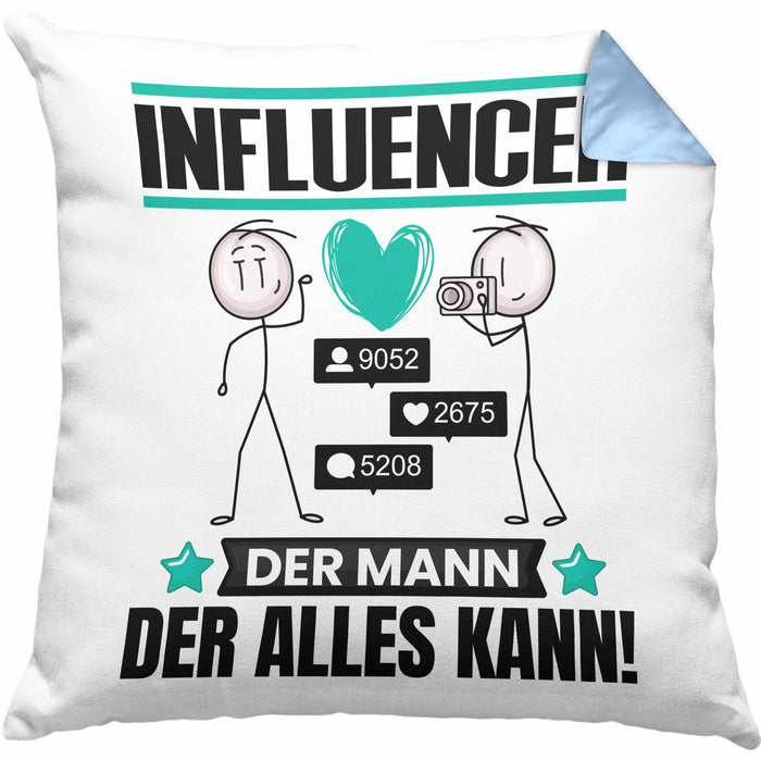 Influencer Kissen mit Füllung 40x40 Geschenk für Influencer Der Mann Der Alles Kann Geschenkidee zum Geburtstag (Grau) Blau Trendation