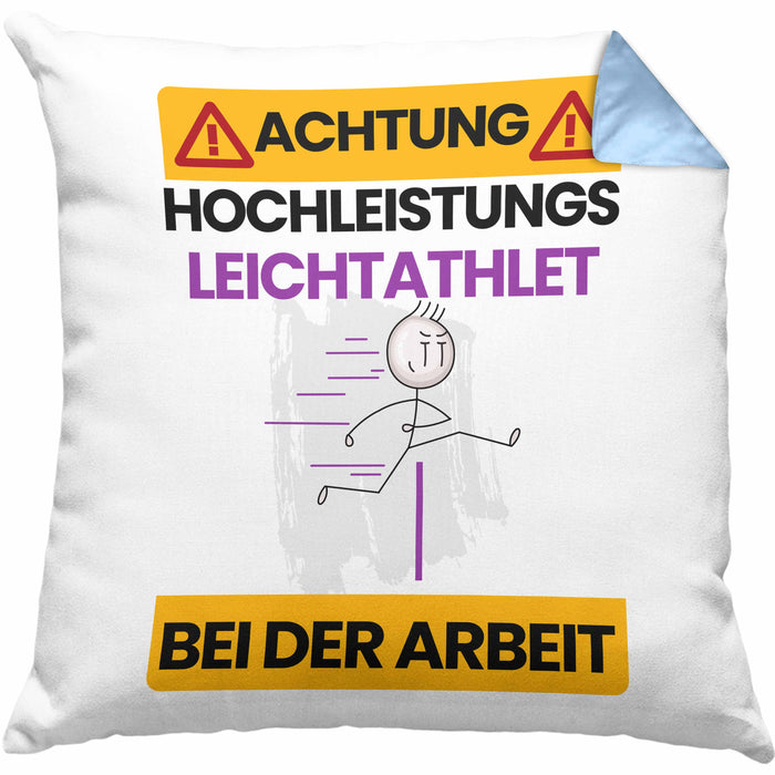 Leichtathlet Kissen mit Füllung 40x40 Geschenk Lustiger Spruch Geschenkidee für Leichtathlet Achtung Hochleistungs Leichtathlet Bei Der Arbeit (Grau) Blau Trendation
