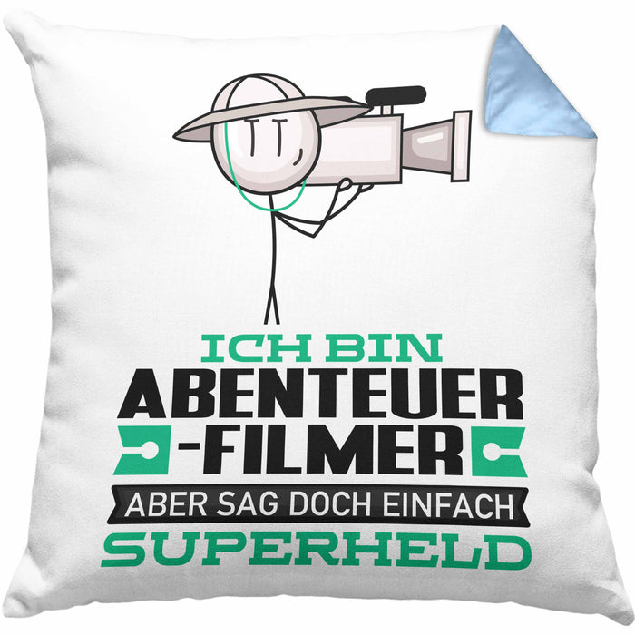 Abenteuerfilmer Geschenk Kissen mit Füllung 40x40 Ich Bin Abenteuerfilmer Aber Sag Doch Einfach Superheld Lustige Geschenkdiee für Abenteuerfilmer (Grau) Blau Trendation