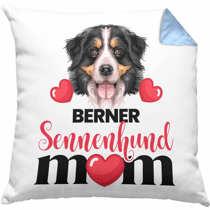 Berner Sennen Besitzer Mom Mama Kissen mit Füllung 40x40 Geschenk Lustiger Spruch Geschenkidee Berner Sennen Besitzerin (Grau) Blau Trendation