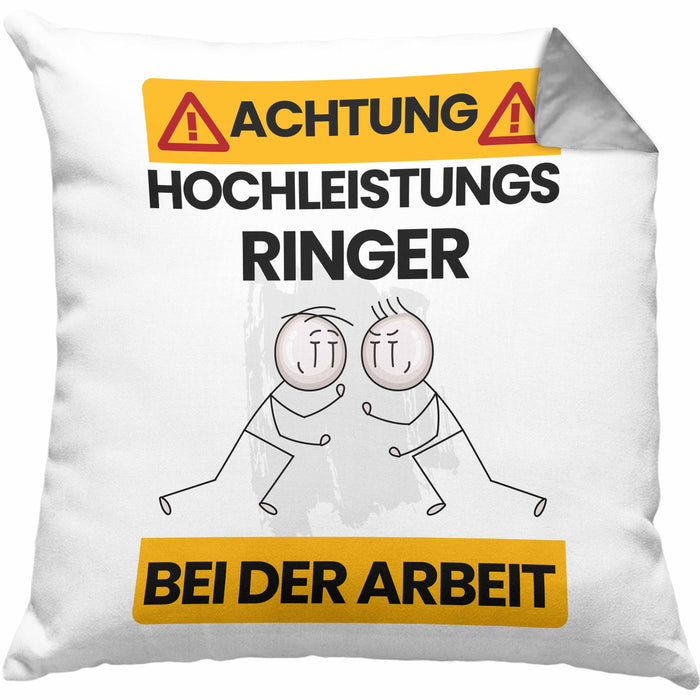 Ringer Kissen mit Füllung 40x40 Geschenk Lustiger Spruch Geschenkidee für Ringer Achtung Hochleistungs Ringer Bei Der Arbeit (Grau) Grau Trendation