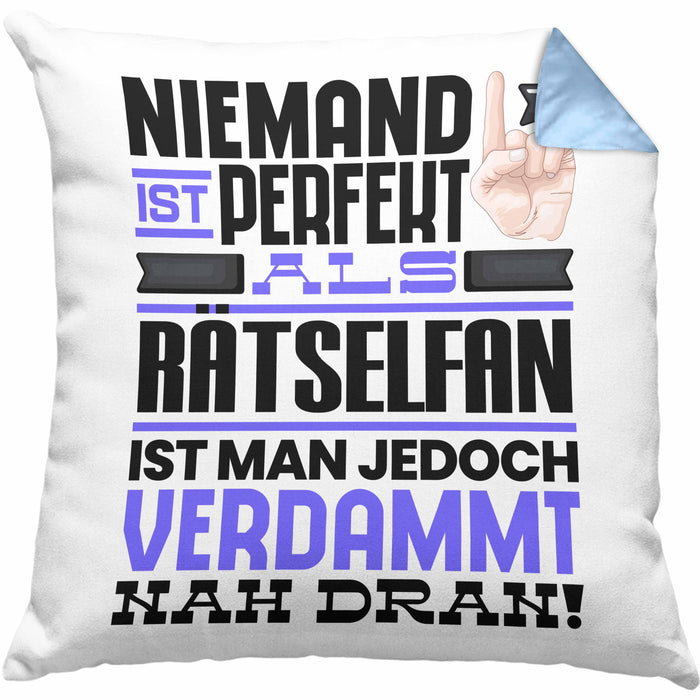 Rätselfan Geschenk Kissen mit Füllung 40x40 Lustige Geschenkidee für Rätselfan Geburtstag Niemand Ist Perfekt Aber Als Rätselfan Ist Man Nah Dran (Grau) Blau Trendation