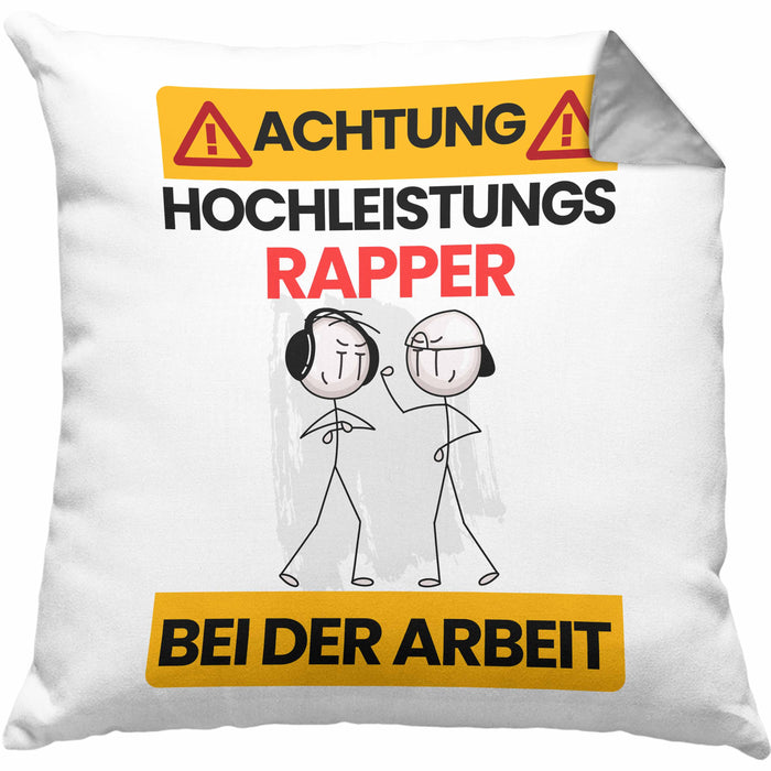 Rapper Kissen mit Füllung 40x40 Geschenk Lustiger Spruch Geschenkidee für Rapper Achtung Hochleistungs Rapper Bei Der Arbeit (Grau) Grau Trendation