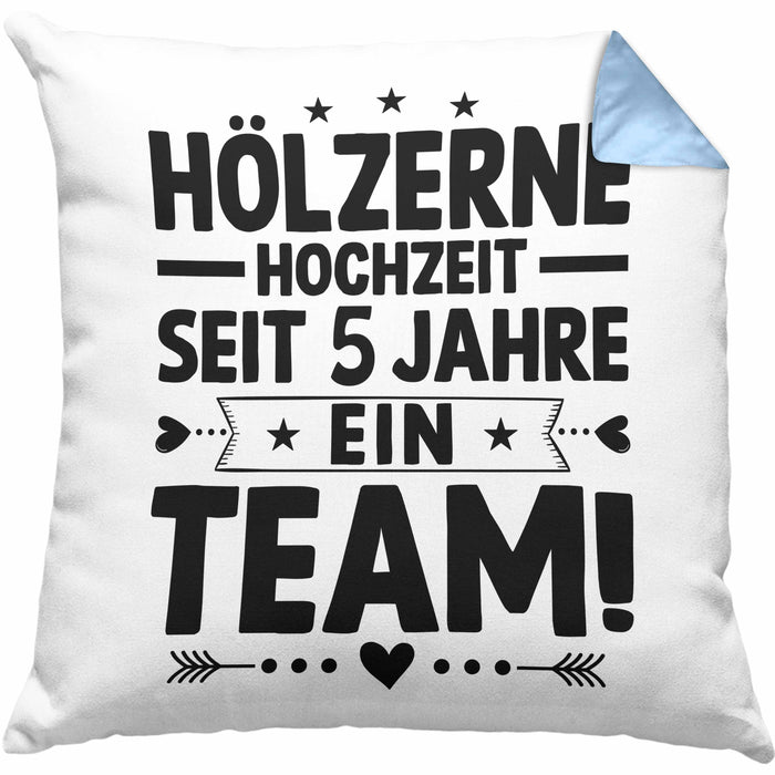 Hölzerne Hochzeit Kissen mit Füllung 40x40 Geschenk Ehemann Ehefrau Partner 5 Jahre Ein Team (Grau) Blau Trendation