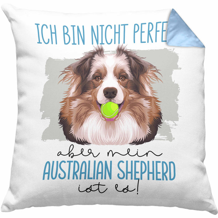 Australian Shepherd Besitzer Kissen mit Füllung 40x40 Geschenk Lustiger Spruch Geschenkidee Besitzerin Ich Bin Nicht toll Aber Mein Australian Shepherd Ist Es (Grau) Blau Trendation