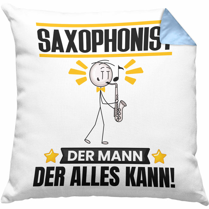Saxophonist Kissen mit Füllung 40x40 Geschenk für Saxophonist Der Mann Der Alles Kann Geschenkidee zum Geburtstag (Grau) Blau Trendation
