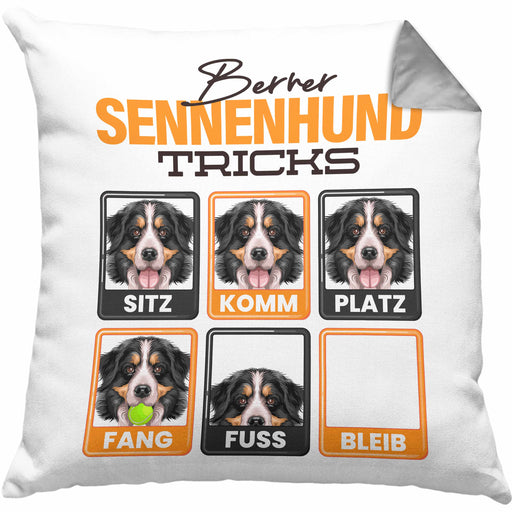 Berner Sennen Besitzer Kissen mit Füllung 40x40 Geschenk Lustiger Spruch Geschenkidee Berner Sennen Tricks Bleib (Grau) Grau Trendation