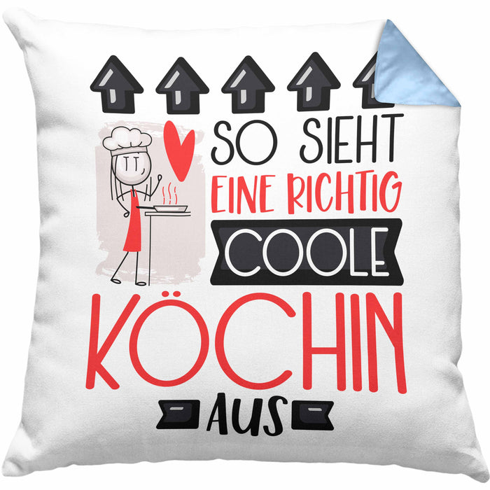 Köchin Geschenk Kissen mit Füllung 40x40 Lustig Geschenkidee für Köchin Geburtstag So Sieht Eine Richtig Coole Köchin Aus Frauen Spruch (Grau) Blau Trendation