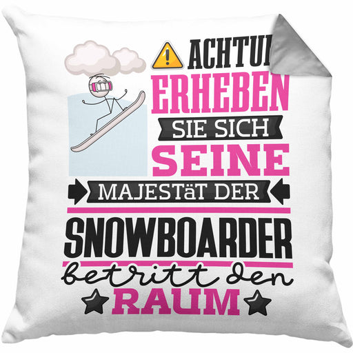 Snowboarder Geschenk Kissen mit Füllung 40x40 Lustiger Spruch Erheben Sie Sich Der Snowboarder Betritt den Raum (Grau) Grau Trendation