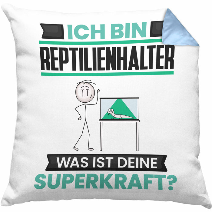 Reptilienhalter Kissen mit Füllung 40x40 Geschenk für Reptilienhalter Geburtstag Lustiger Spruch Was Ist Deine Superkraft (Grau) Blau Trendation