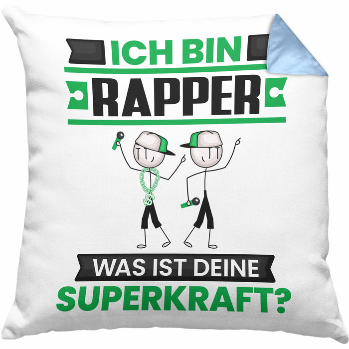 Rapper Kissen mit Füllung 40x40 Geschenk für Rapper Geburtstag Lustiger Spruch Was Ist Deine Superkraft (Grau) Blau Trendation