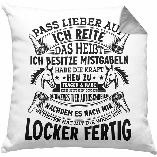 Reiterin Kissen mit Füllung 40x40 Spruch Geschenk Pferde-Liebhaberin Geschenkidee Mädchen Pass Lieber Auf Ich Reite (Grau) Grau Trendation