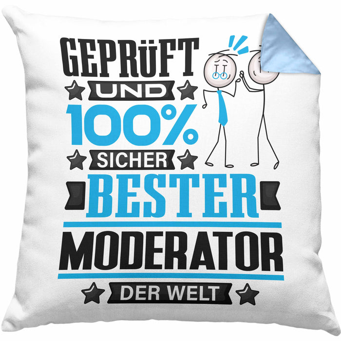Moderator Geschenk Lustiger Spruch für Moderator Geschenkidee Bester Moderator Der WeltKissen mit Füllung 40x40 (Grau) Blau Trendation