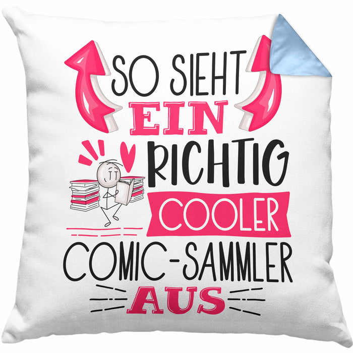So Sieht Ein Richtig Cooler Comic-Sammler Aus Geschenk Kissen mit Füllung 40x40 Lustiger Spruch Geschenkidee (Grau) Blau Trendation